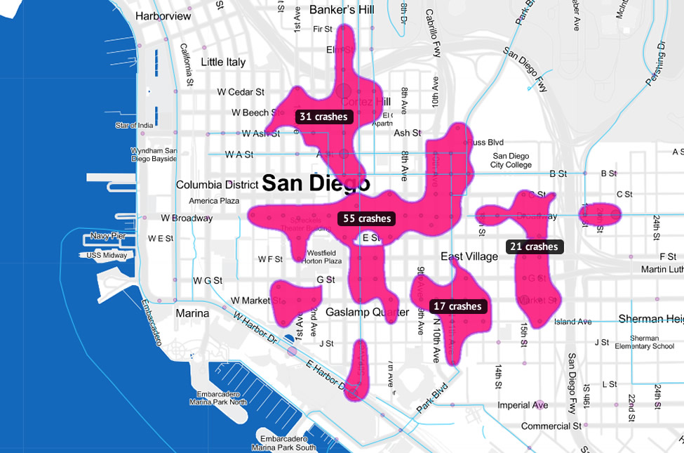 Downtown San Diego bike crash zones